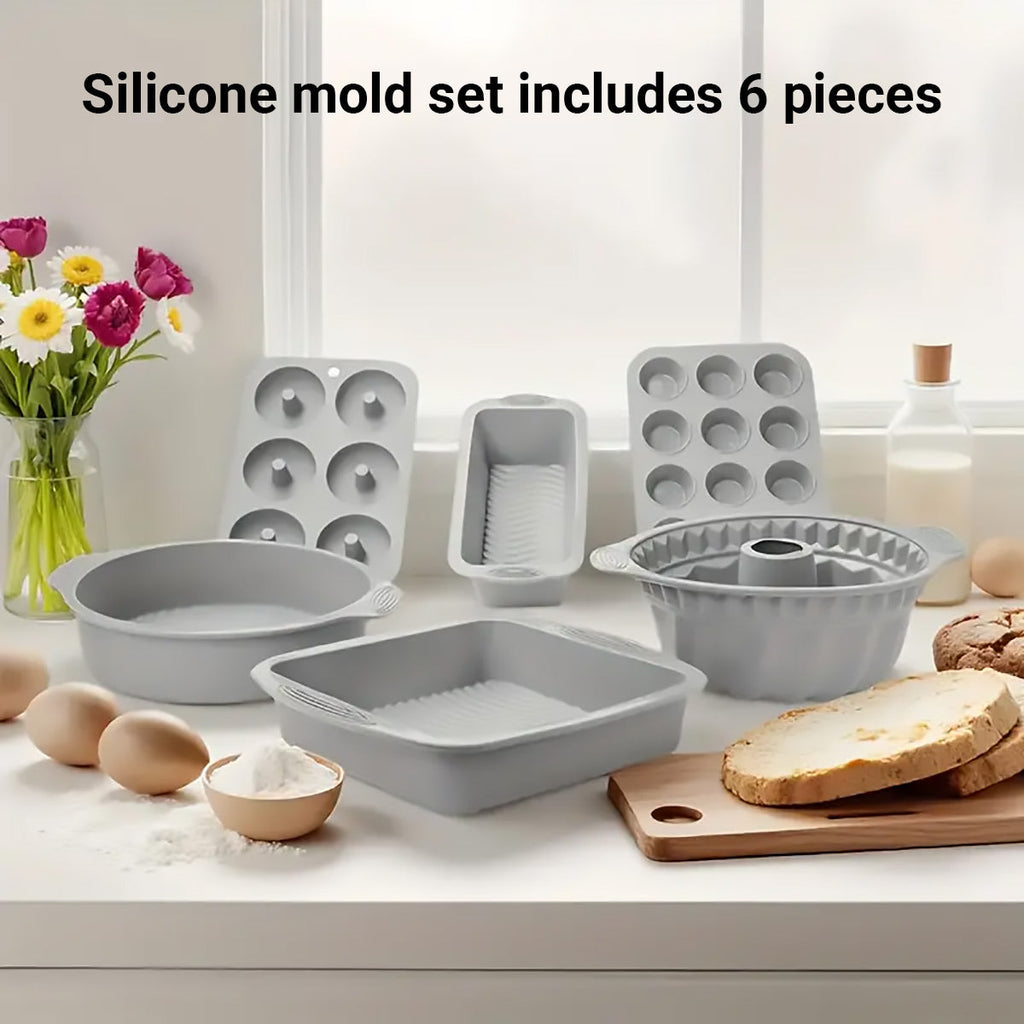 6PCS Silicone Cake Mould Set Baking Pans Nonstick Cupcake Cookie Tools Reusable - Grey