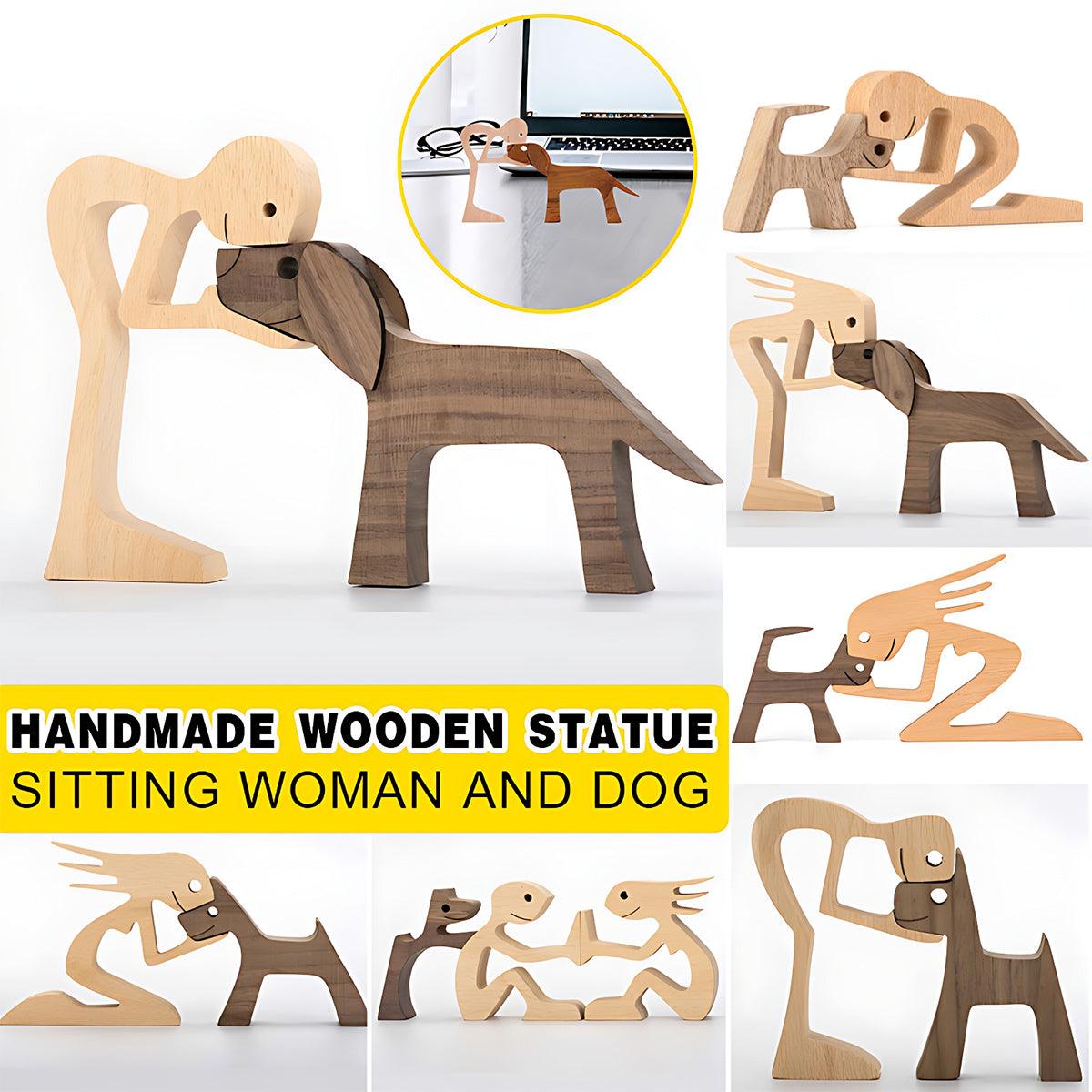 Handmade Wooden Statue Sitting Family and Dog Craft Home Decor - B07