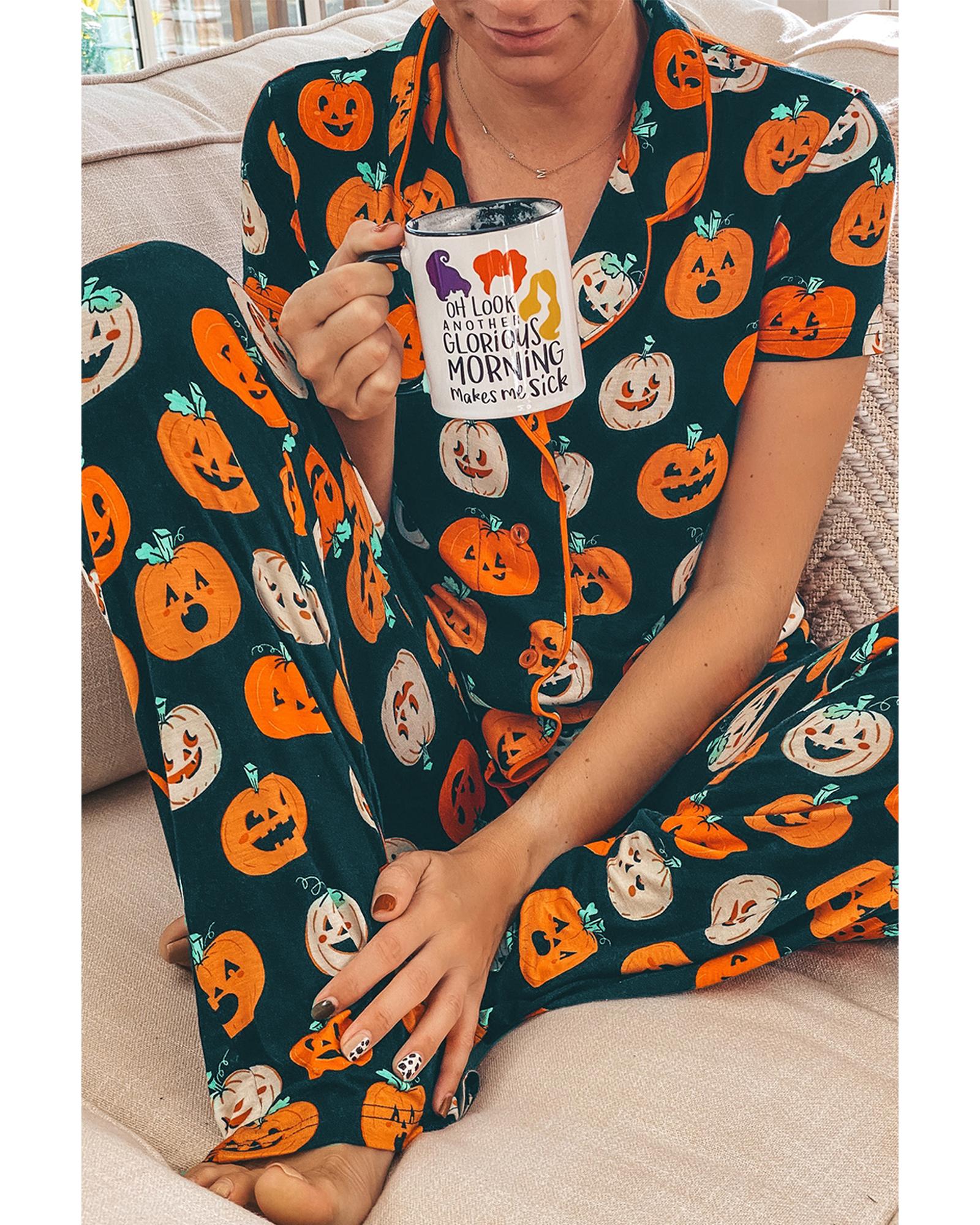 Orange Halloween Pattern Short Sleeve Shirt Pajama Set - L