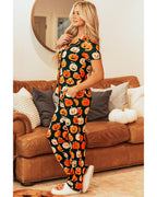 Orange Halloween Pattern Short Sleeve Shirt Pajama Set - L