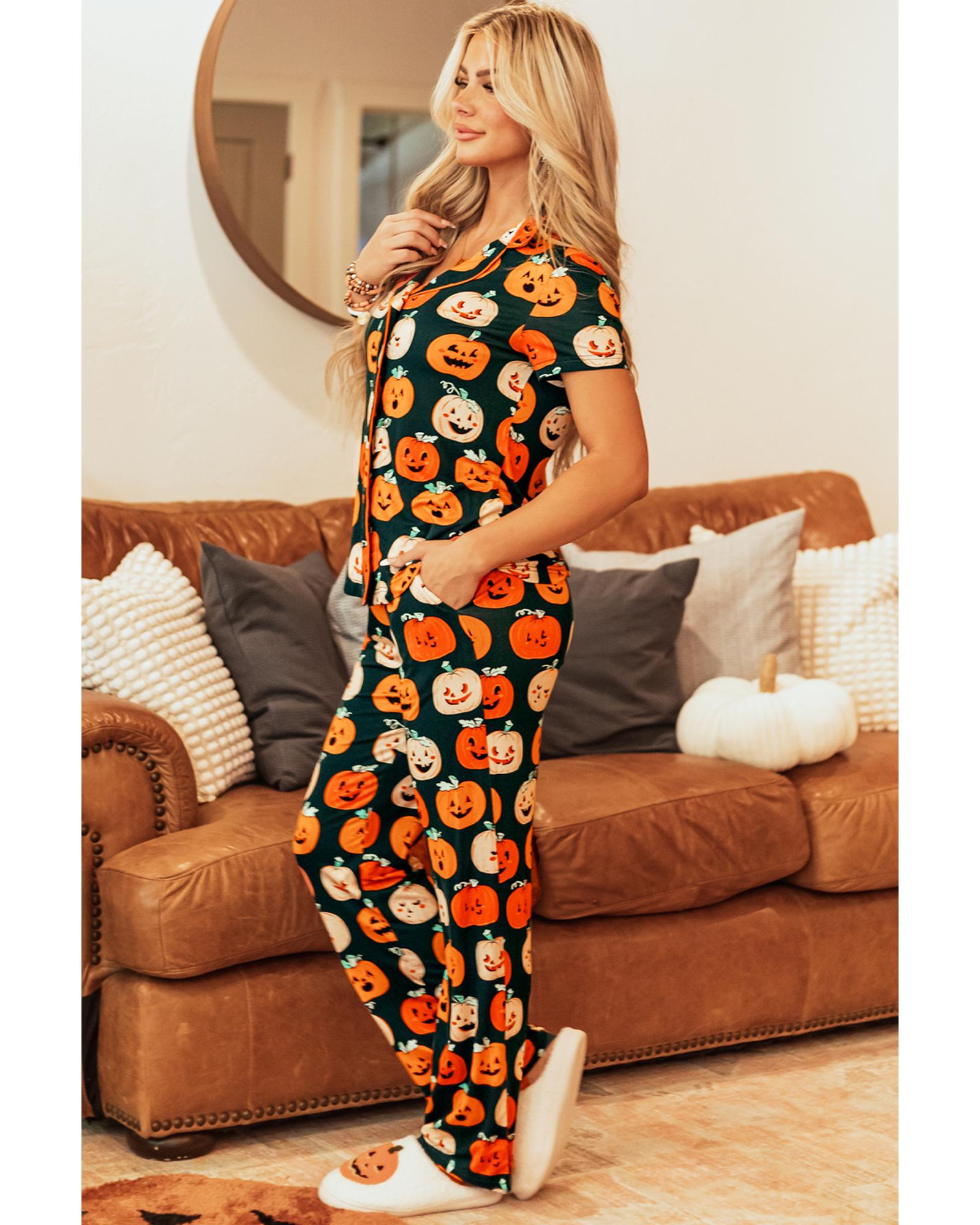 Orange Halloween Pattern Short Sleeve Shirt Pajama Set - L