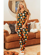 Orange Halloween Pattern Short Sleeve Shirt Pajama Set - XL