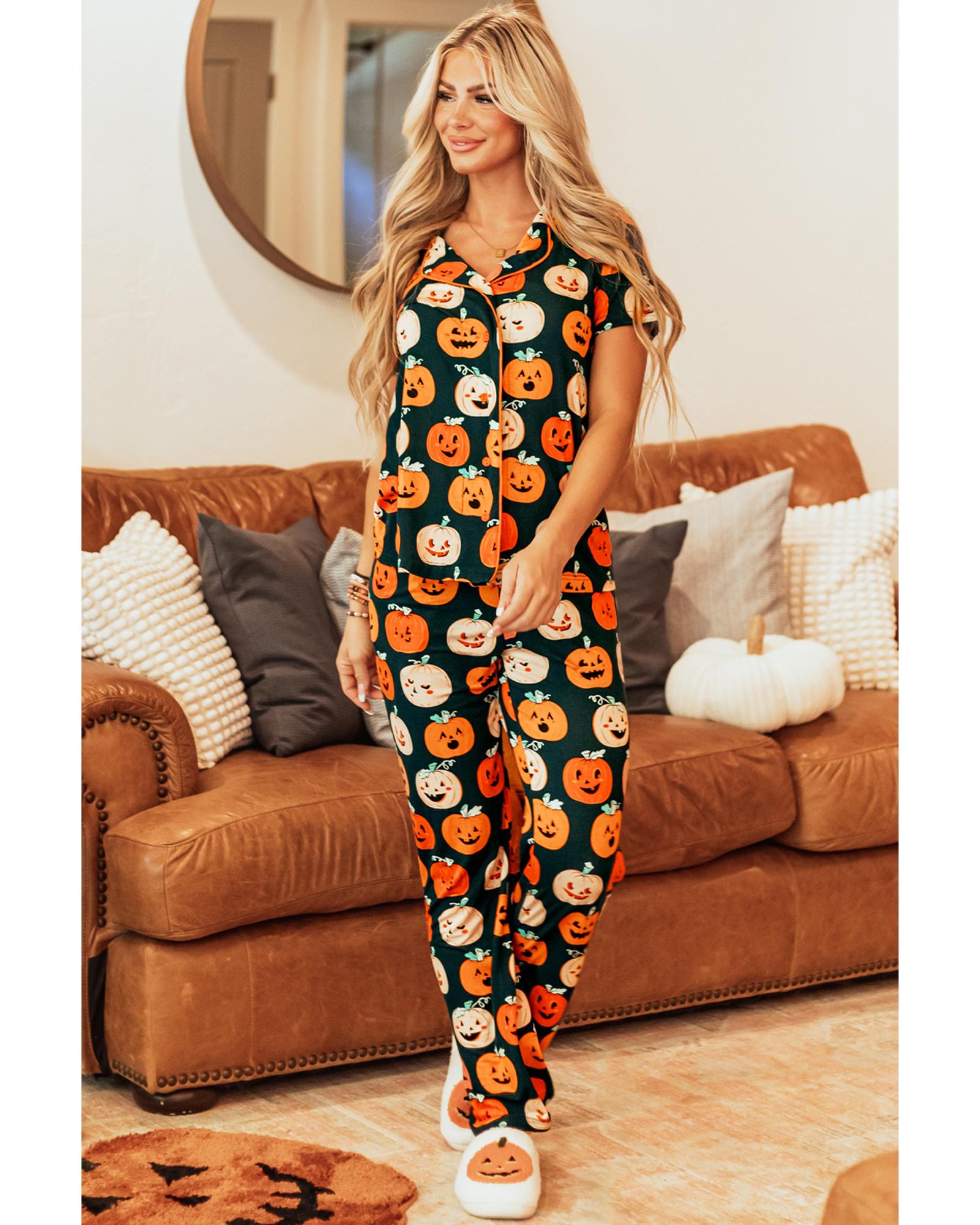 Orange Halloween Pattern Short Sleeve Shirt Pajama Set - XL