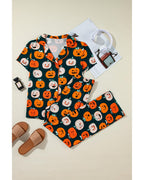 Orange Halloween Pattern Short Sleeve Shirt Pajama Set - XL