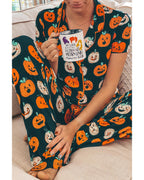 Orange Halloween Pattern Short Sleeve Shirt Pajama Set - XL
