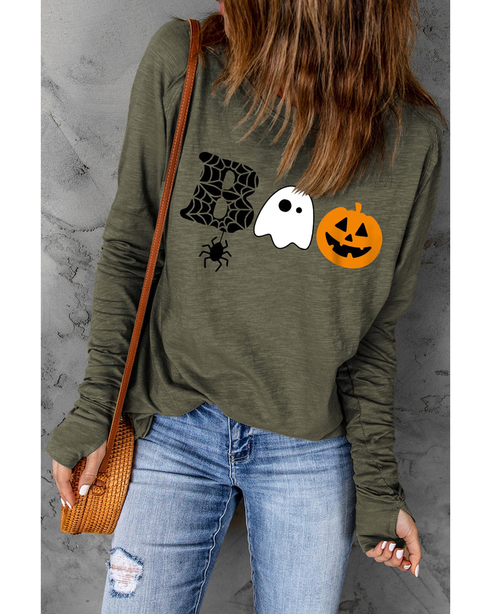 Green Halloween BOO Print Long Sleeve Graphic T Shirt - L
