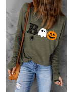 Green Halloween BOO Print Long Sleeve Graphic T Shirt - S