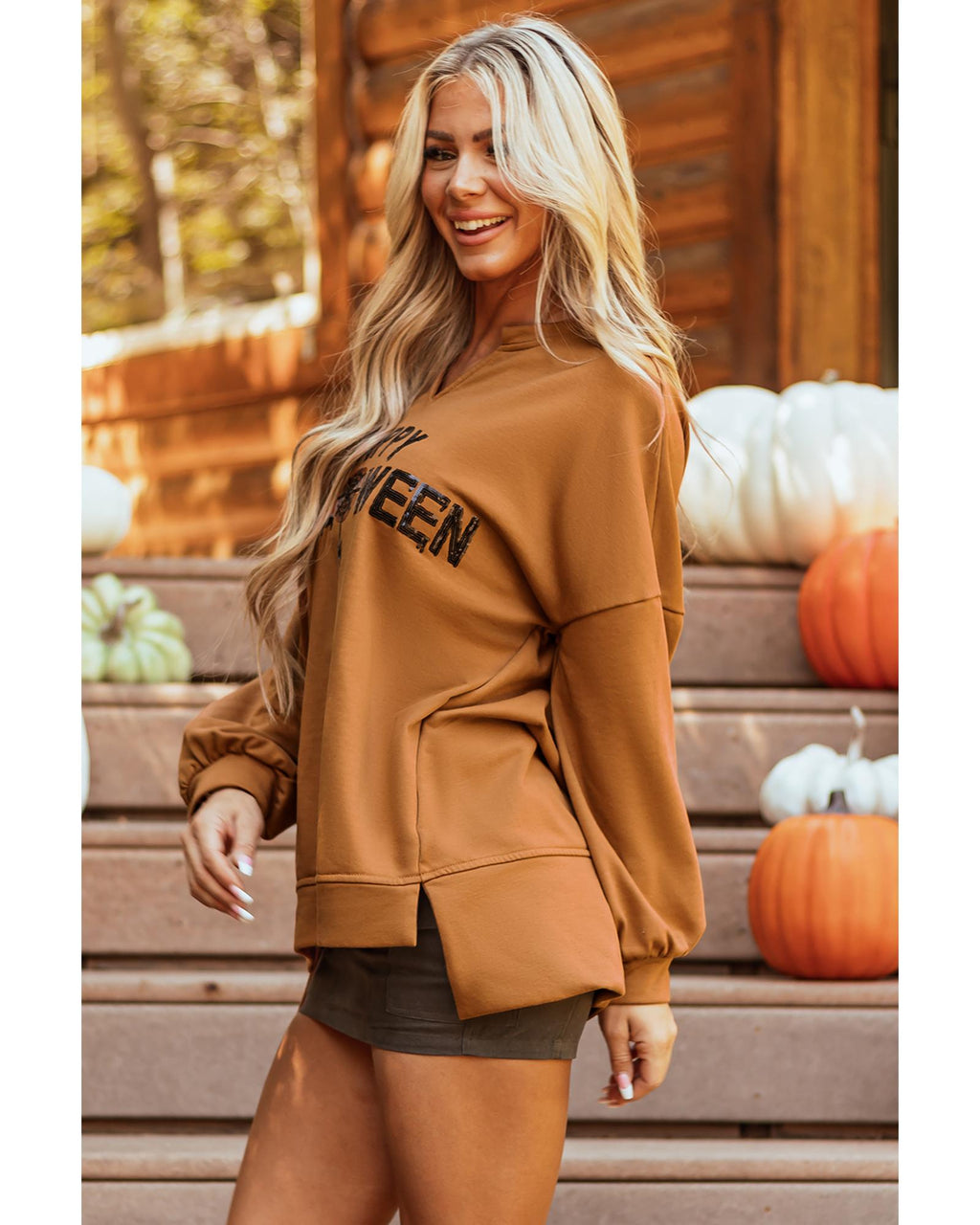 Chestnut Sequin Happy Halloween Graphic Notched Neck Long Sleeve Loose Top - L