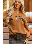 Chestnut Sequin Happy Halloween Graphic Notched Neck Long Sleeve Loose Top - L