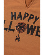 Chestnut Sequin Happy Halloween Graphic Notched Neck Long Sleeve Loose Top - L