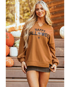 Chestnut Sequin Happy Halloween Graphic Notched Neck Long Sleeve Loose Top - XL