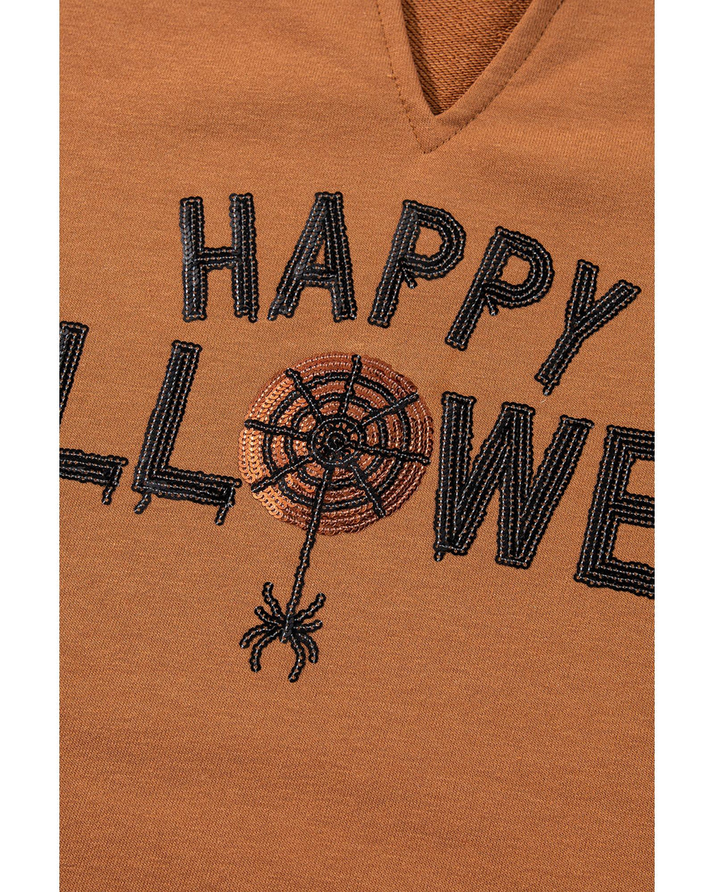 Chestnut Sequin Happy Halloween Graphic Notched Neck Long Sleeve Loose Top - XL