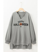 Medium Grey Sequin Happy Halloween Graphic Notched Neck Long Sleeve Loose Top - XL