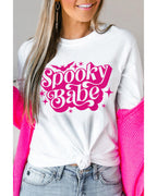 White Spooky Babe Bat Print Halloween Crewneck T Shirt - M