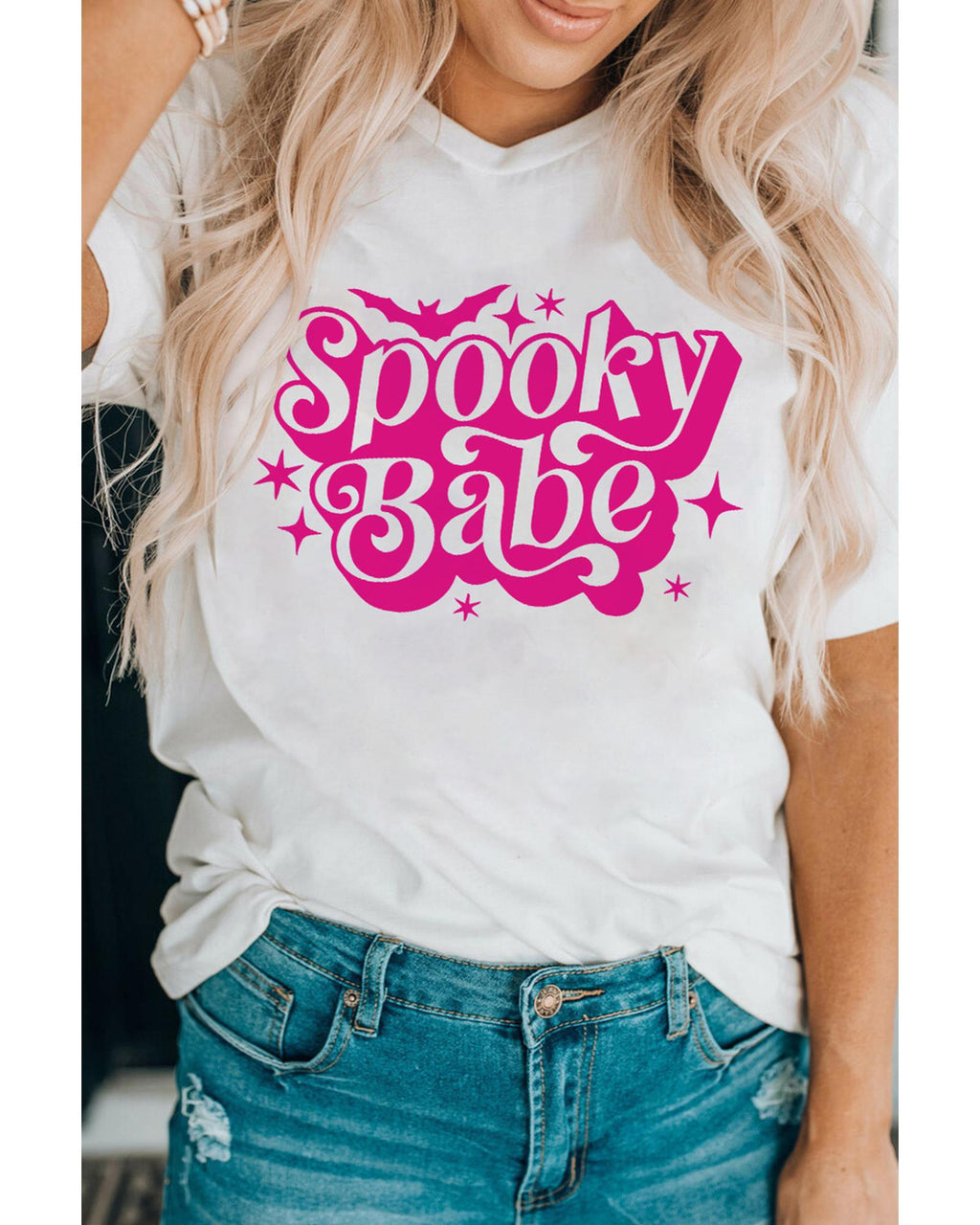 White Spooky Babe Bat Print Halloween Crewneck T Shirt - XL