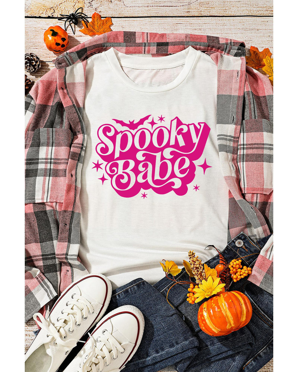 White Spooky Babe Bat Print Halloween Crewneck T Shirt - XL