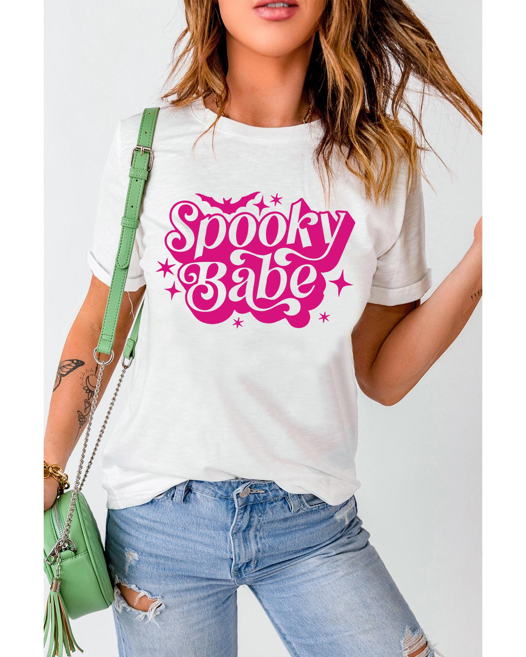 White Spooky Babe Bat Print Halloween Crewneck T Shirt - XL