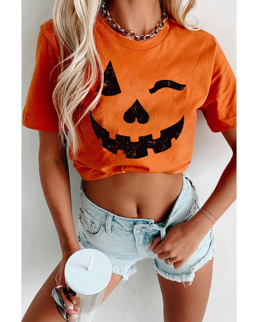 Orange Halloween Pumpkin Face Print Crew Neck T Shirt - S