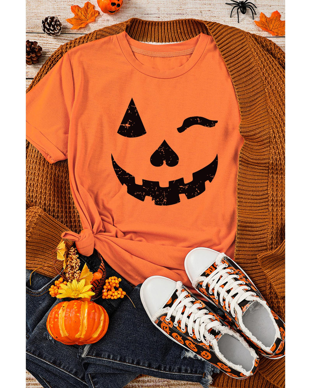Orange Halloween Pumpkin Face Print Crew Neck T Shirt - S