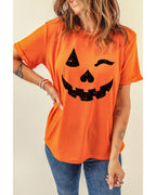 Orange Halloween Pumpkin Face Print Crew Neck T Shirt - S