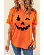 Orange Halloween Pumpkin Face Print Crew Neck T Shirt - S