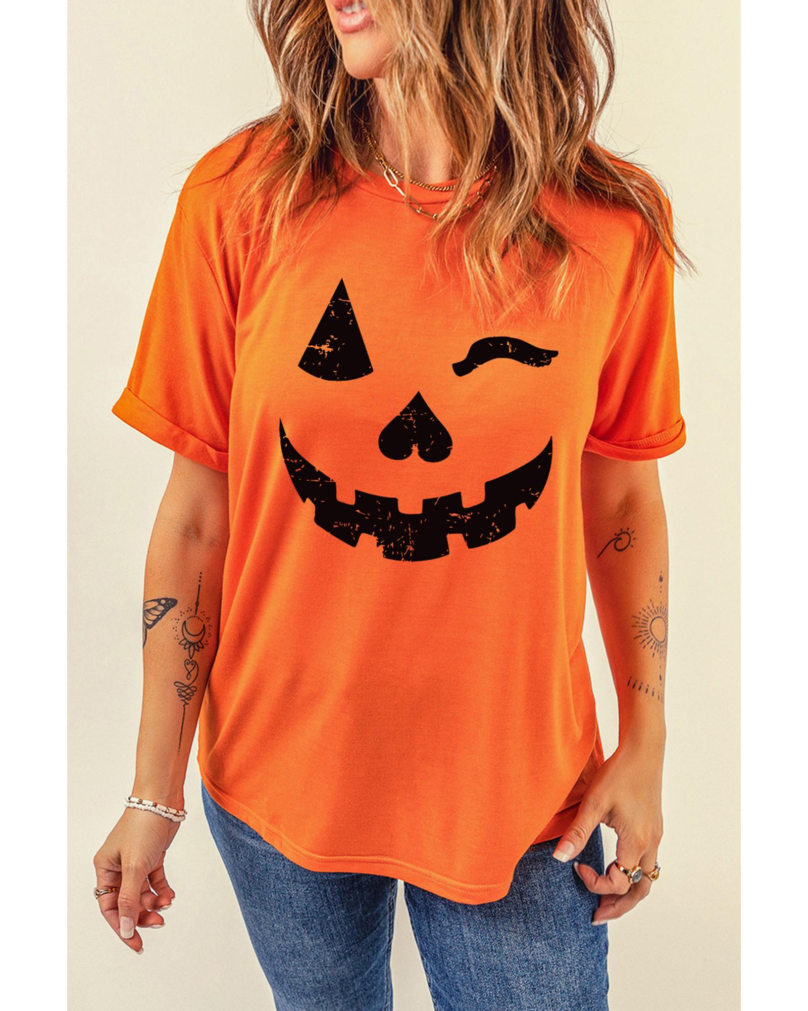 Orange Halloween Pumpkin Face Print Crew Neck T Shirt - S
