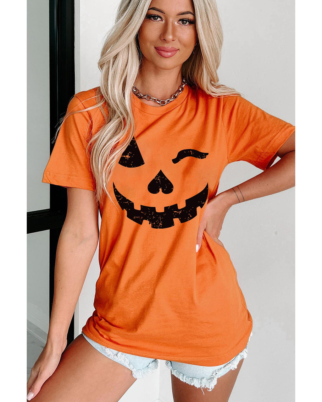 Orange Halloween Pumpkin Face Print Crew Neck T Shirt - S