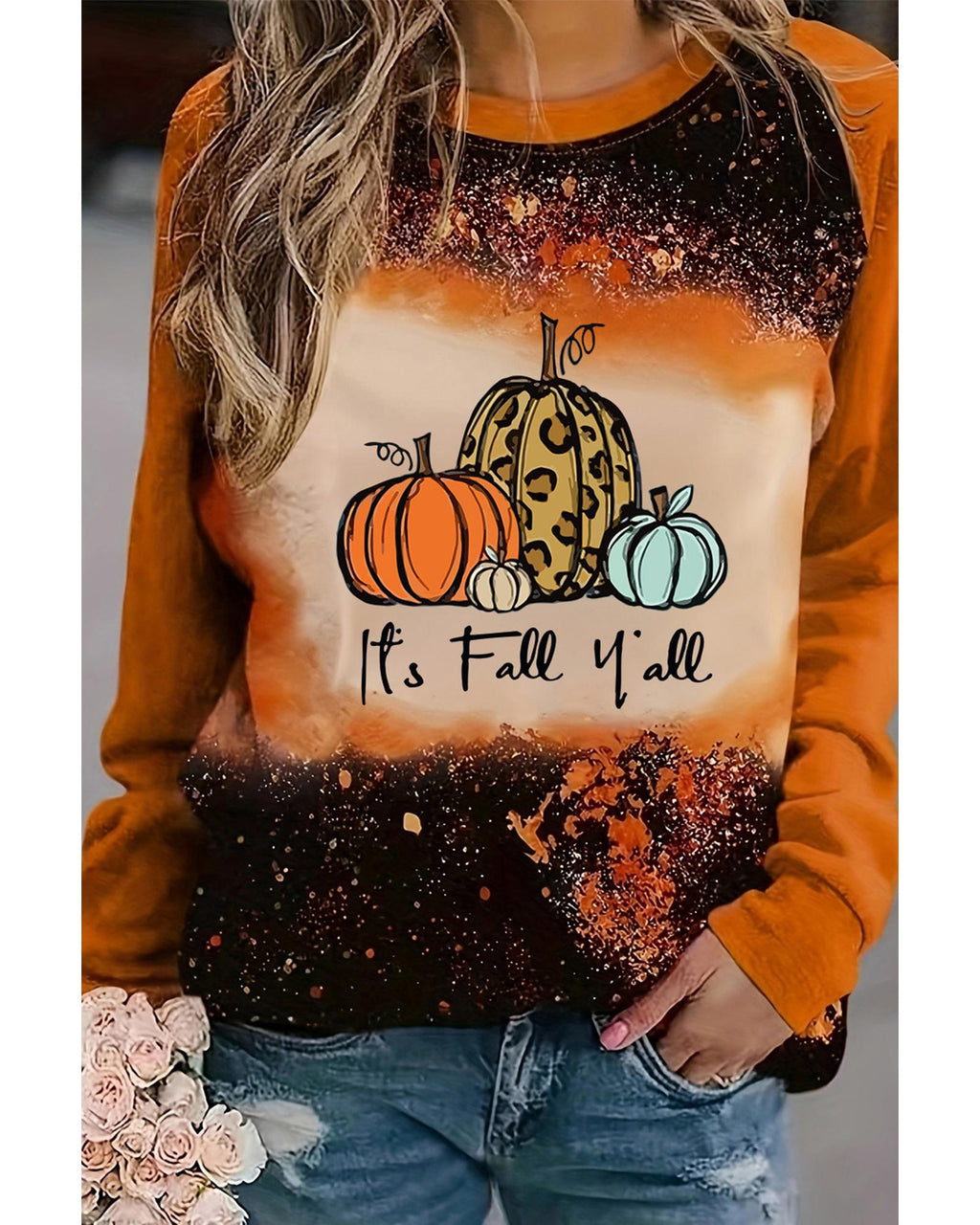 Gold Flame It's Fall Yall Halloween Pumpkin Graphic Bleached Top - S