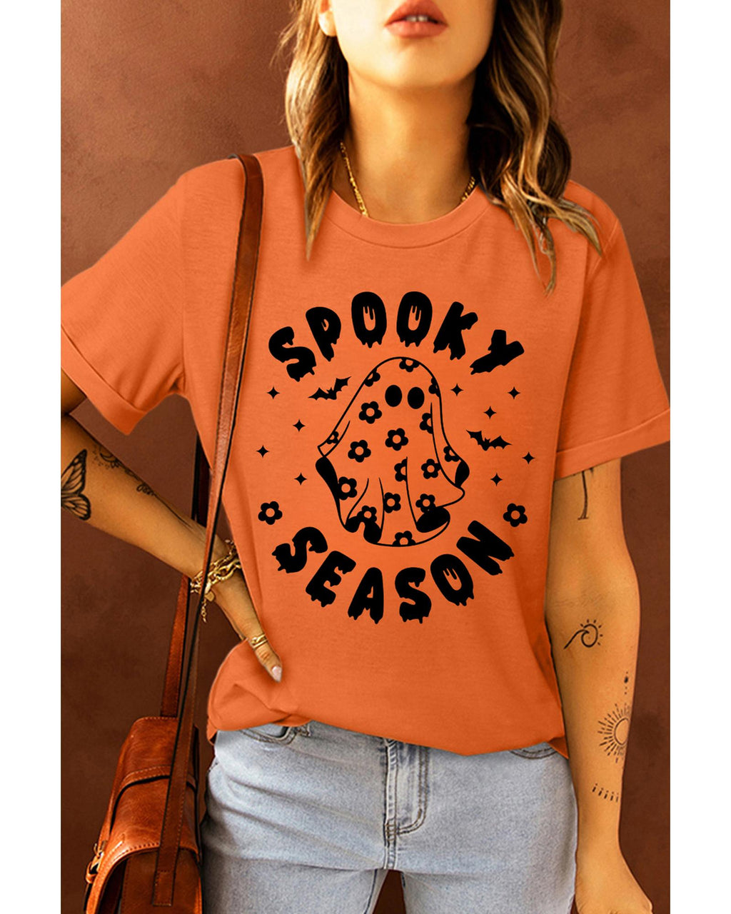 Orange SPOOKY SEASON Ghost Print Crew Neck Halloween Tee - S