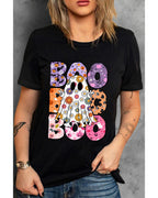 Black BOO Floral Ghost Print Crew Neck Halloween T Shirt - M