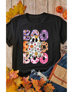 Black BOO Floral Ghost Print Crew Neck Halloween T Shirt - M