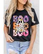 Black BOO Floral Ghost Print Crew Neck Halloween T Shirt - M