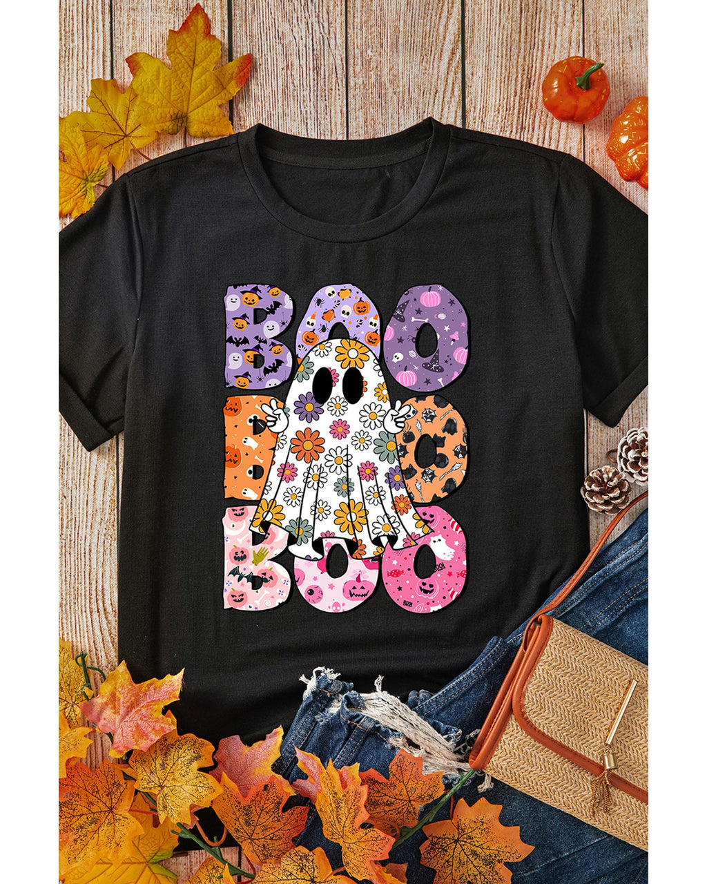 Black BOO Floral Ghost Print Crew Neck Halloween T Shirt - XL
