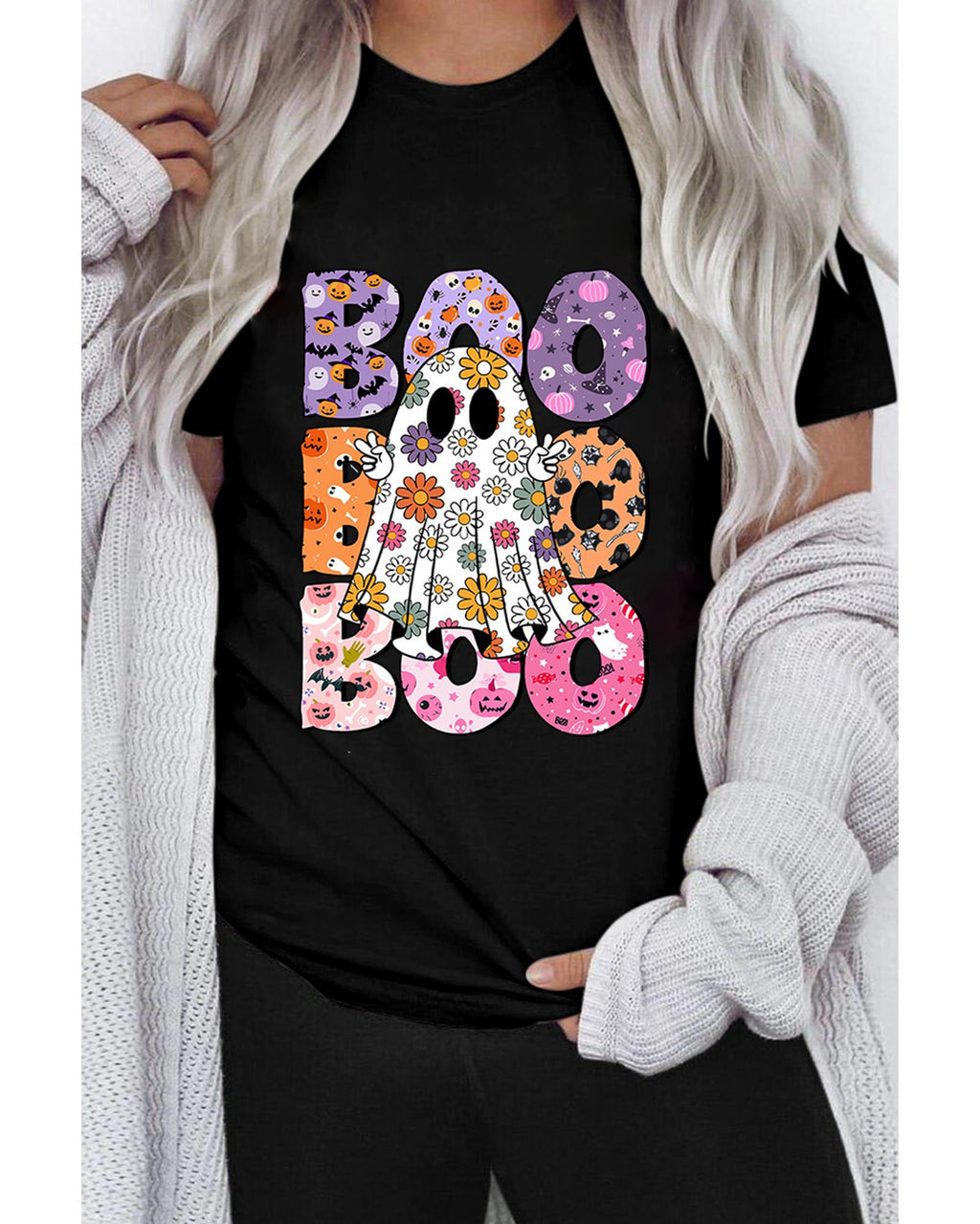 Black BOO Floral Ghost Print Crew Neck Halloween T Shirt - XL