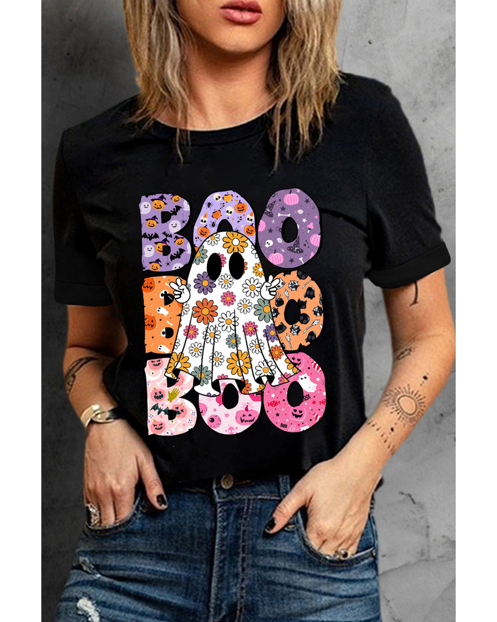 Black BOO Floral Ghost Print Crew Neck Halloween T Shirt - XL