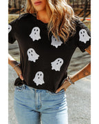 Black Glitter Ghost Pattern Crew Neck Halloween T Shirt - 2XL