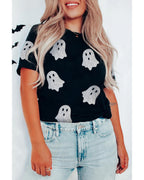 Black Glitter Ghost Pattern Crew Neck Halloween T Shirt - L