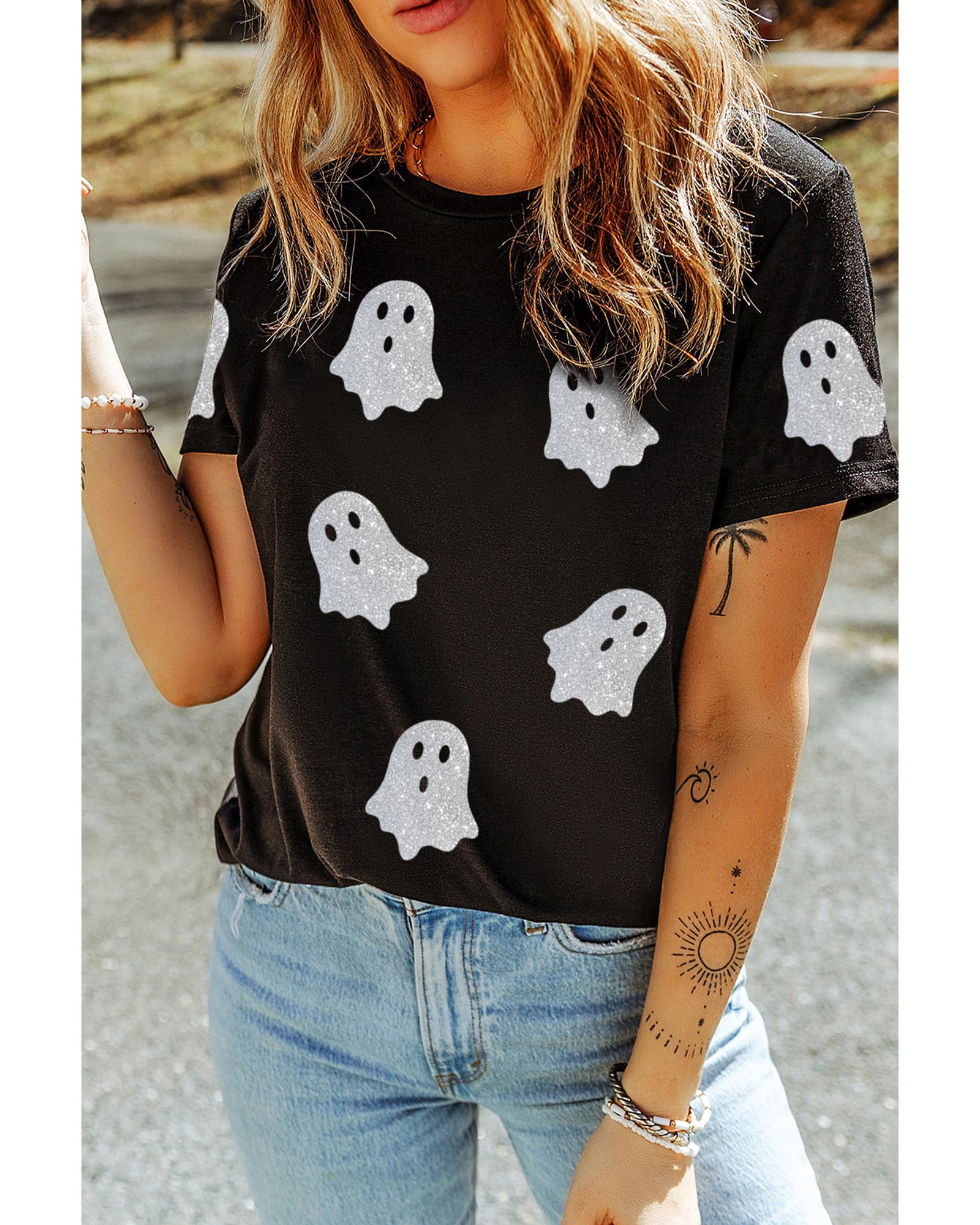 Black Glitter Ghost Pattern Crew Neck Halloween T Shirt - L