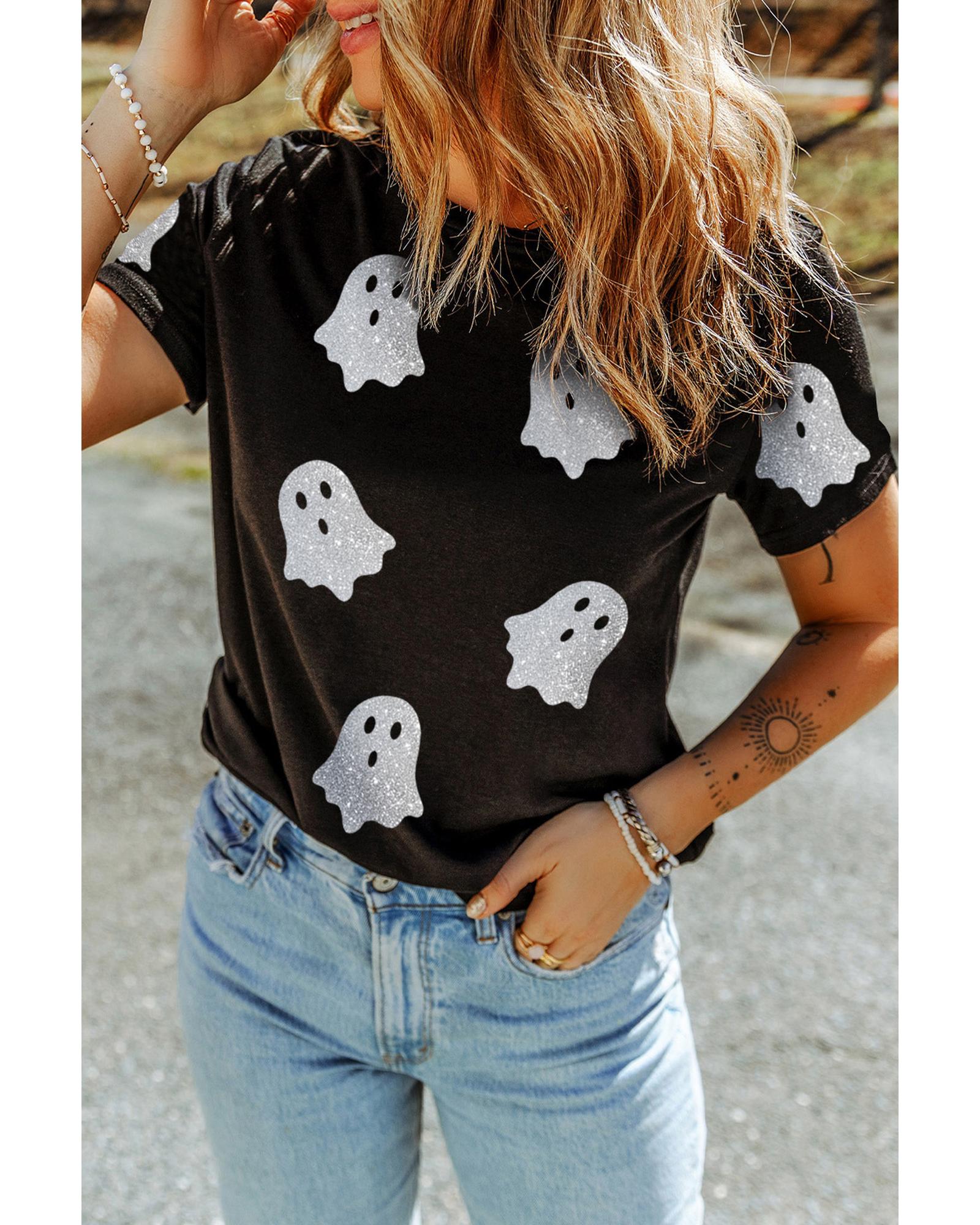 Black Glitter Ghost Pattern Crew Neck Halloween T Shirt - L
