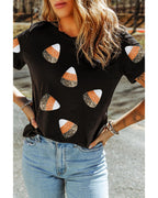 Black Sequin Triangle Patched Pattern Halloween T Shirt - 2XL