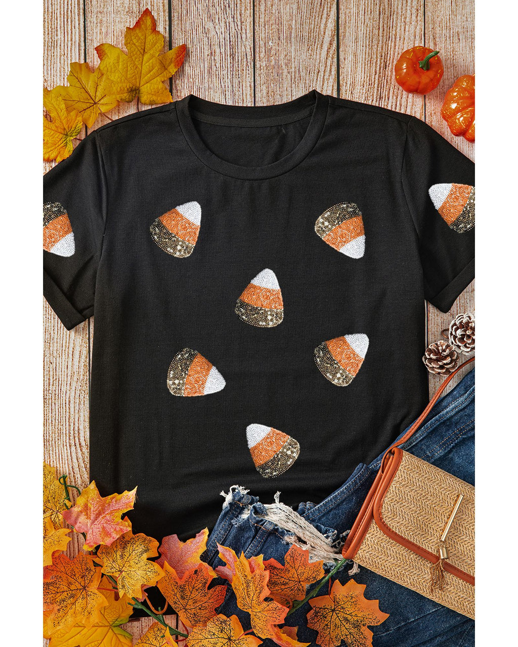 Black Sequin Triangle Patched Pattern Halloween T Shirt - L
