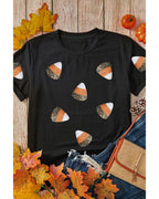 Black Sequin Triangle Patched Pattern Halloween T Shirt - L