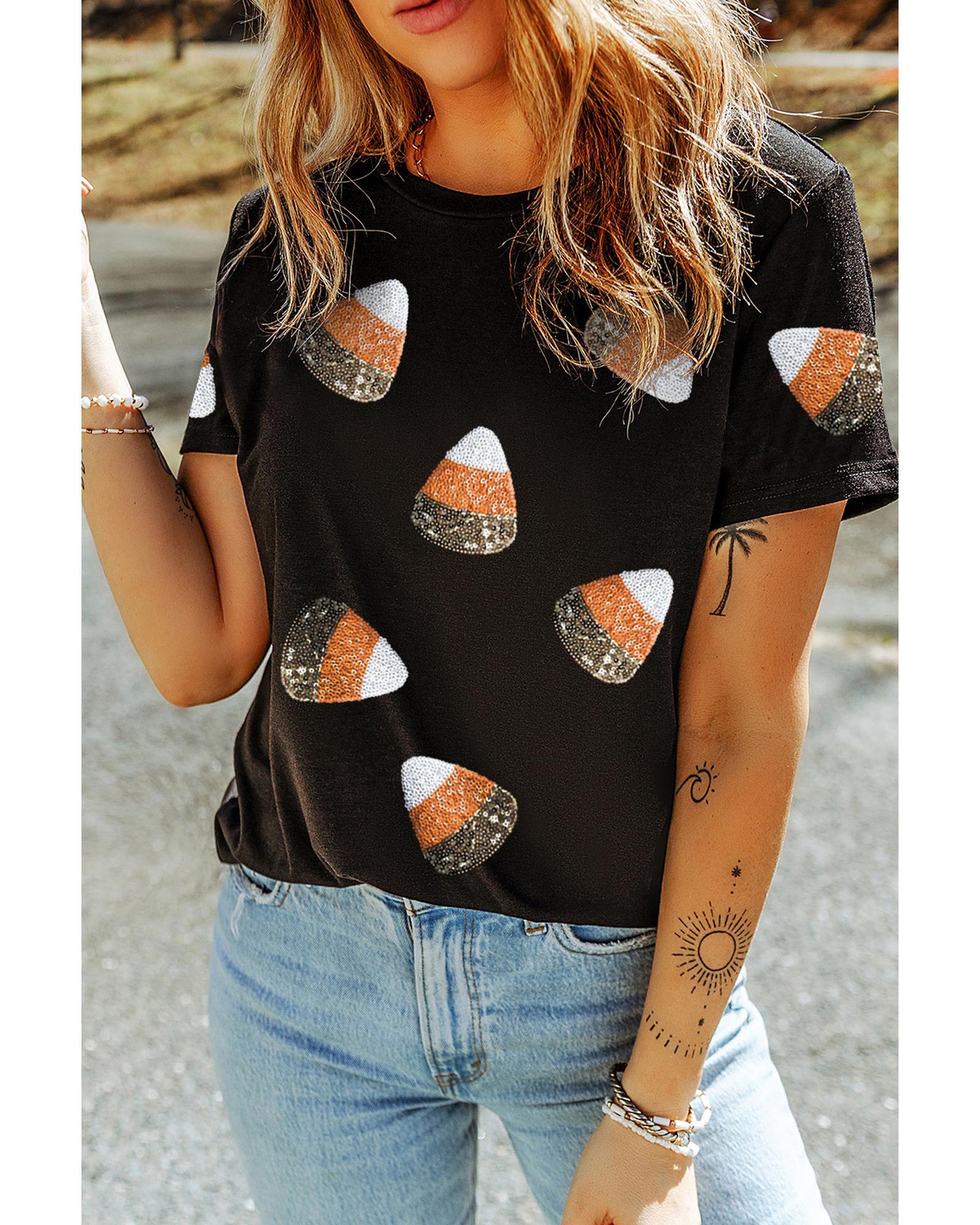 Black Sequin Triangle Patched Pattern Halloween T Shirt - S
