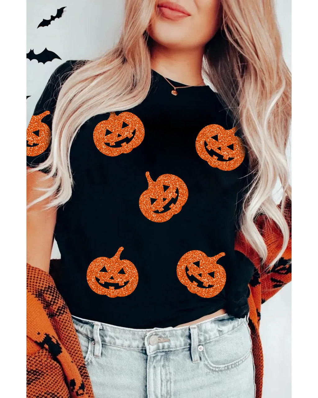 Black Glittering Pumpkin Face Graphic Crewneck Halloween T Shirt - 2XL