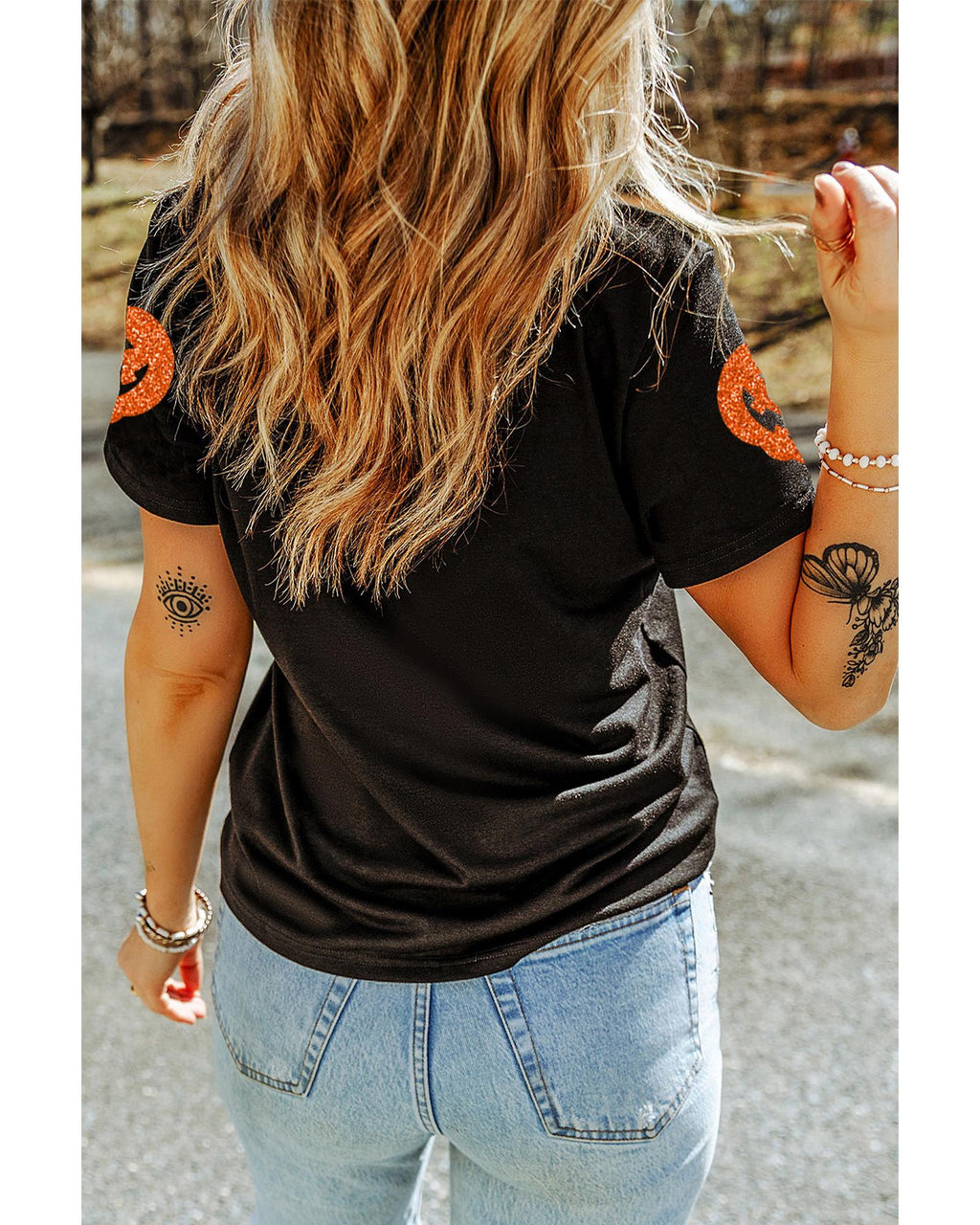 Black Glittering Pumpkin Face Graphic Crewneck Halloween T Shirt - S