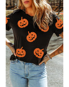 Black Glittering Pumpkin Face Graphic Crewneck Halloween T Shirt - XL