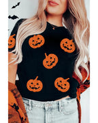 Black Glittering Pumpkin Face Graphic Crewneck Halloween T Shirt - XL