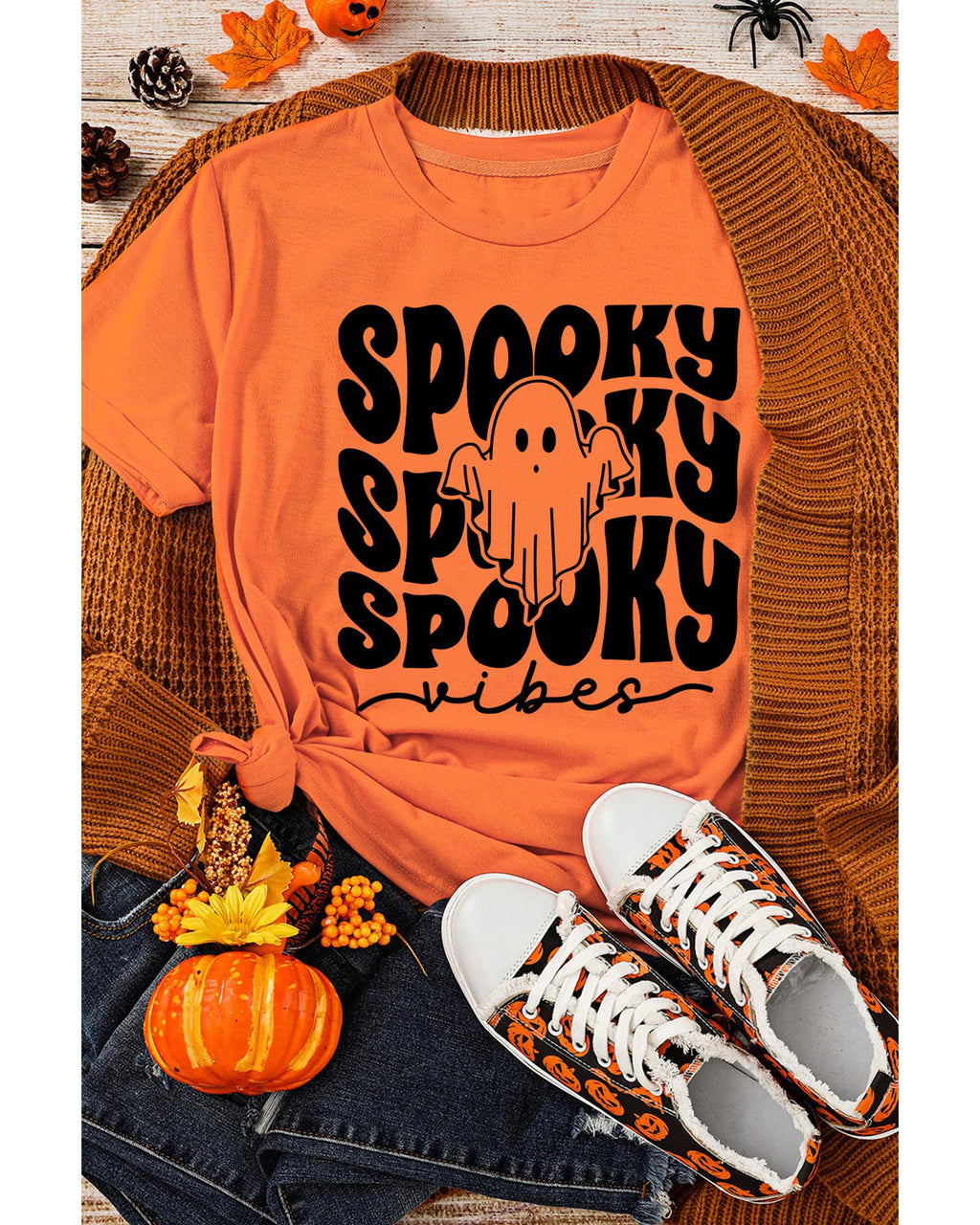 Orange SPOOKY Vibe Ghost Print Crewneck Halloween T Shirt - S
