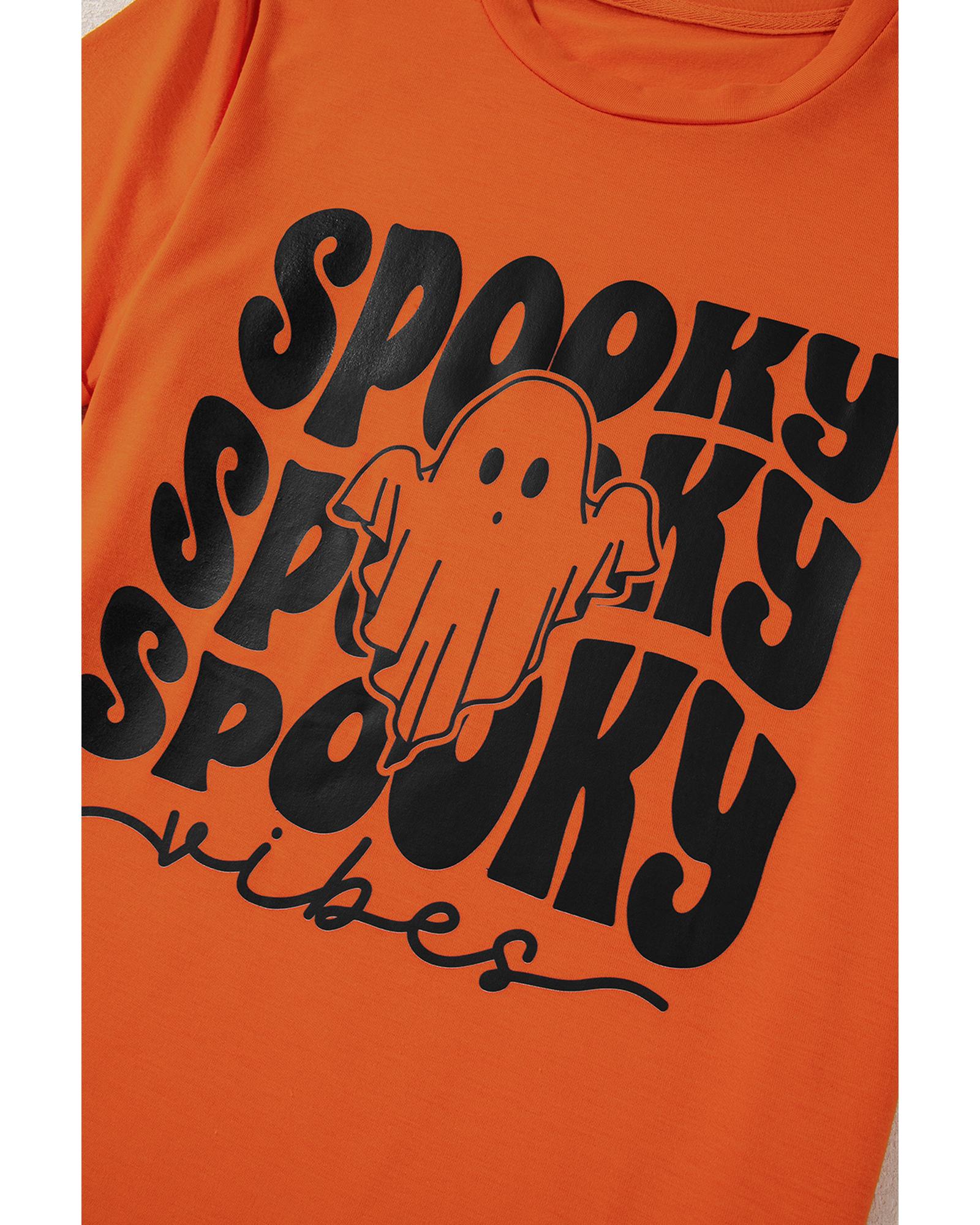 Orange SPOOKY Vibe Ghost Print Crewneck Halloween T Shirt - S