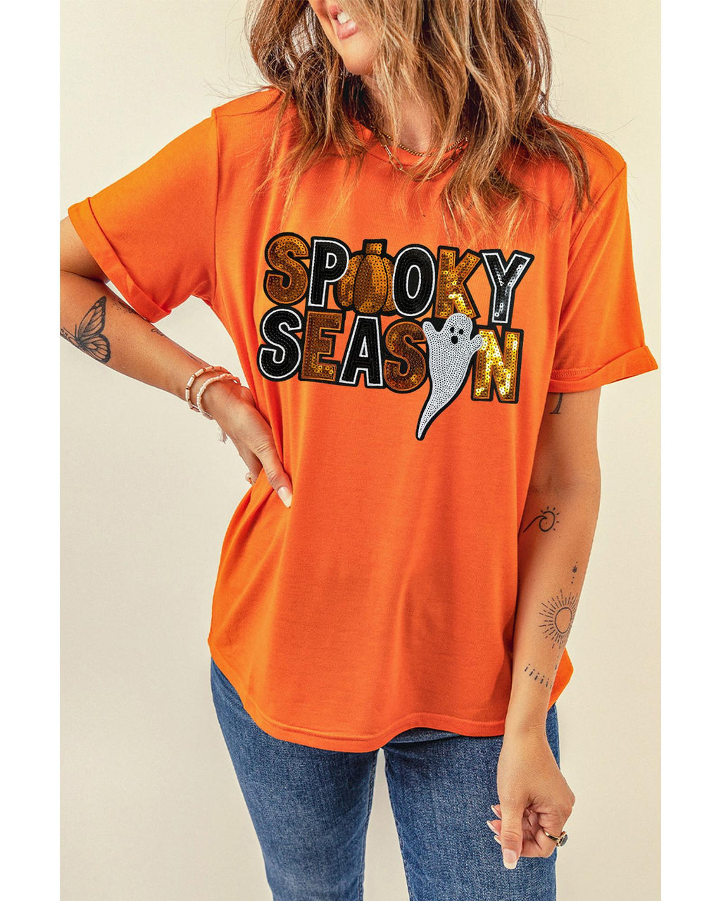 Orange Sequin SPOOKY SEASON Ghost Pattern Halloween T Shirt - 3XL